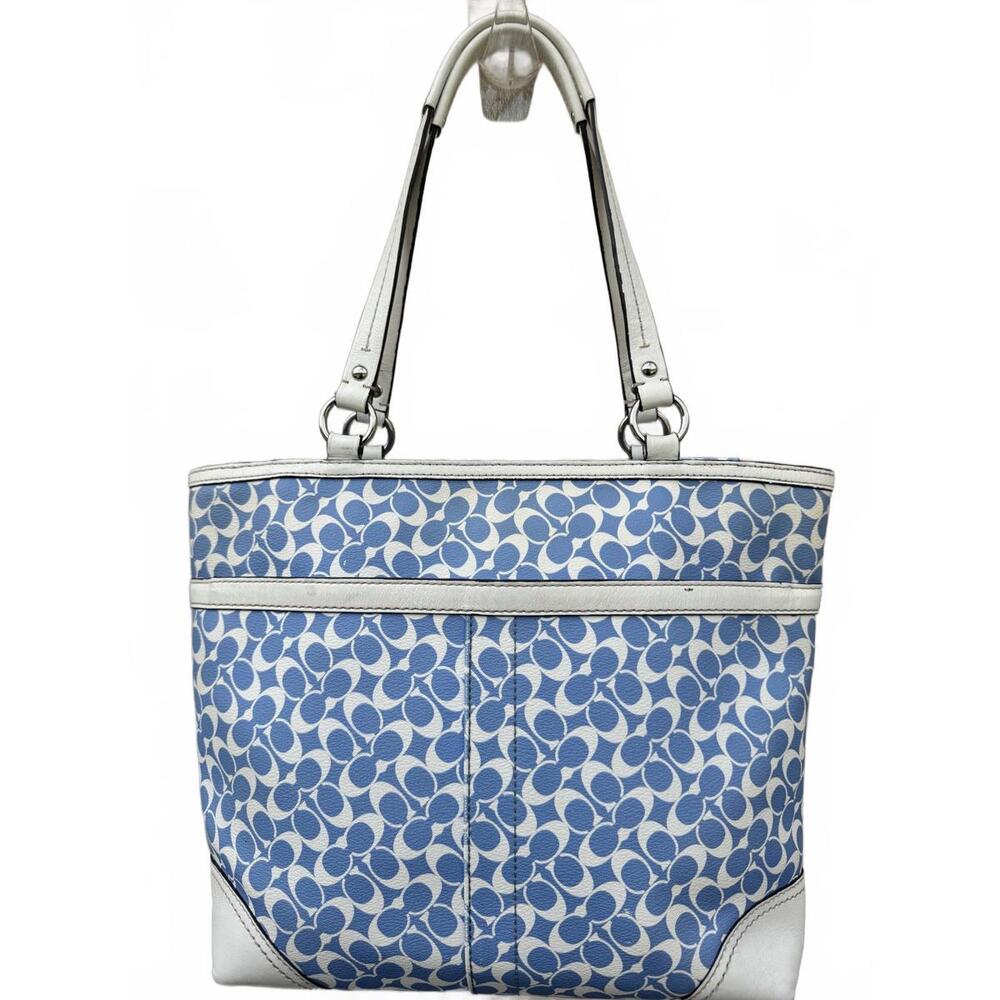 Coach Signature Blue White Tote Bag Jacquard Canvas Leather